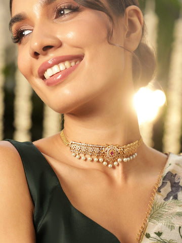 22KT Gold Plated Brass  Cubic Zirconia And Red Studded Pearls Hanging Choker Set Jewellery Set