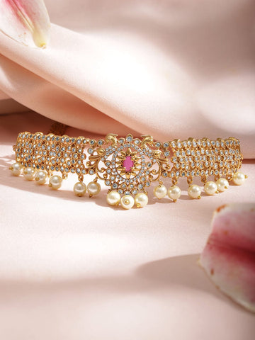 22KT Gold Plated Brass  Cubic Zirconia And Red Studded Pearls Hanging Choker Set Jewellery Set