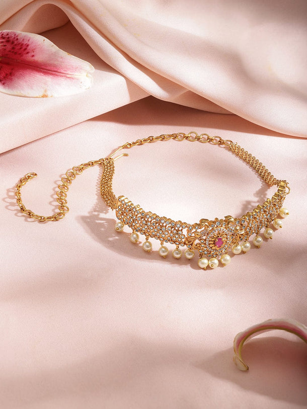 22KT Gold Plated Brass  Cubic Zirconia And Red Studded Pearls Hanging Choker Set Jewellery Set