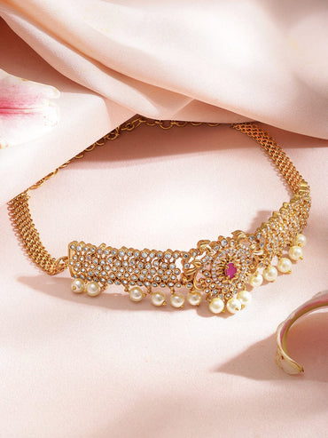 22KT Gold Plated Brass  Cubic Zirconia And Red Studded Pearls Hanging Choker Set Jewellery Set