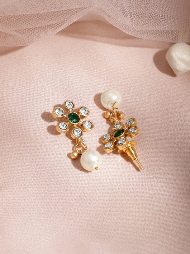 22KT Gold Plated Brass Emerald Stone Studded Beaded Pendant Set Jewellery Set