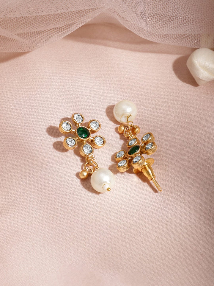 22KT Gold Plated Brass Emerald Stone Studded Beaded Pendant Set Jewellery Set