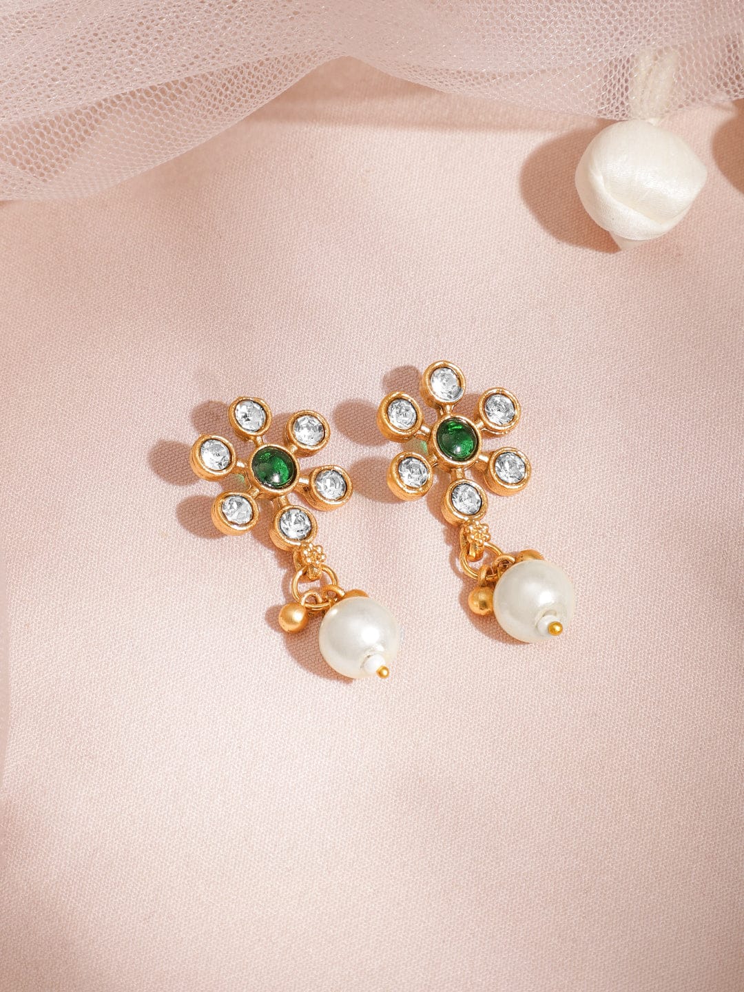 22KT Gold Plated Brass Emerald Stone Studded Beaded Pendant Set Jewellery Set