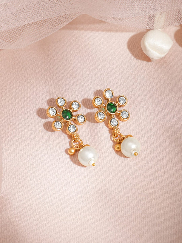 22KT Gold Plated Brass Emerald Stone Studded Beaded Pendant Set Jewellery Set