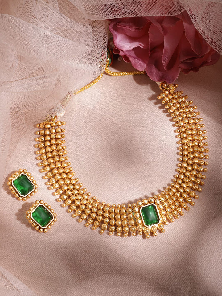 22KT Gold Plated Brass Emerald Stone Studded Intricate Necklace With Earrings Set Jewellery Set