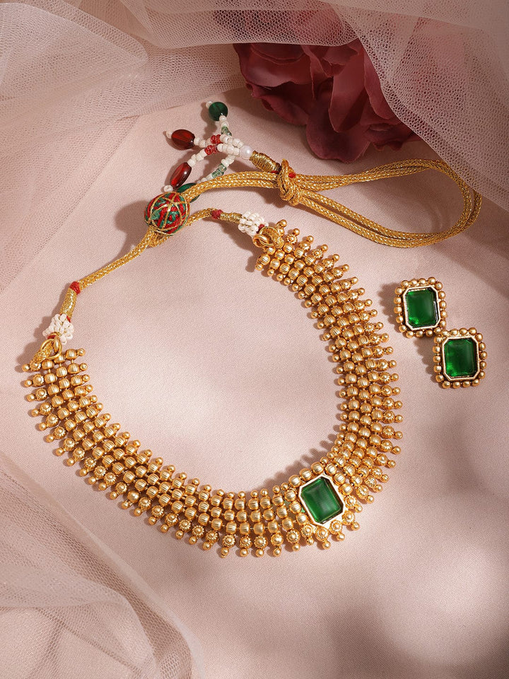 22KT Gold Plated Brass Emerald Stone Studded Intricate Necklace With Earrings Set Jewellery Set