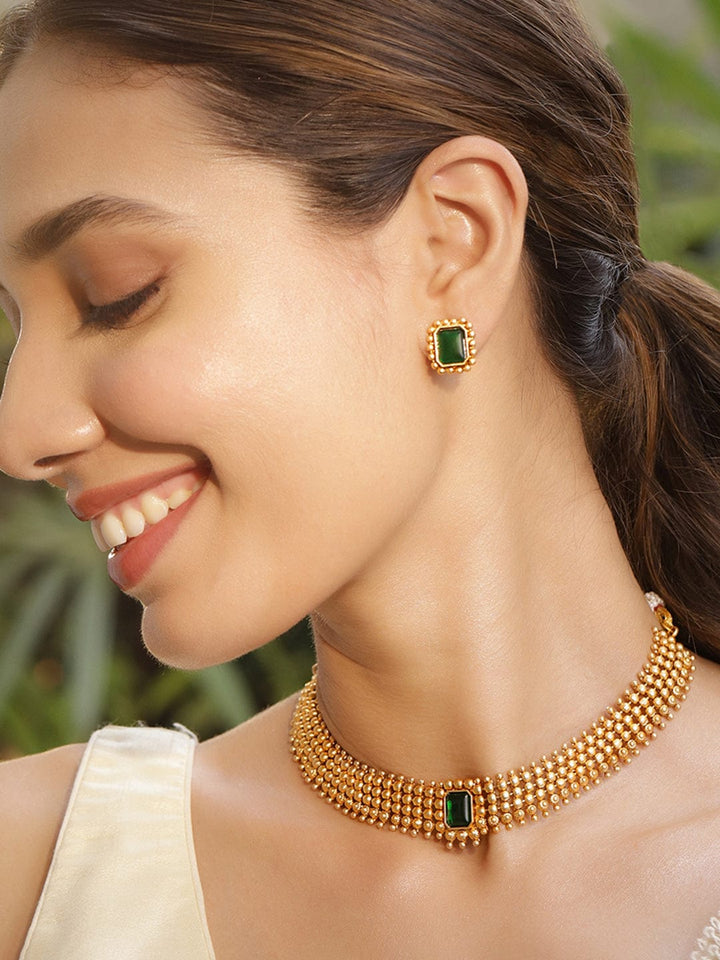 22KT Gold Plated Brass Emerald Stone Studded Intricate Necklace With Earrings Set Jewellery Set