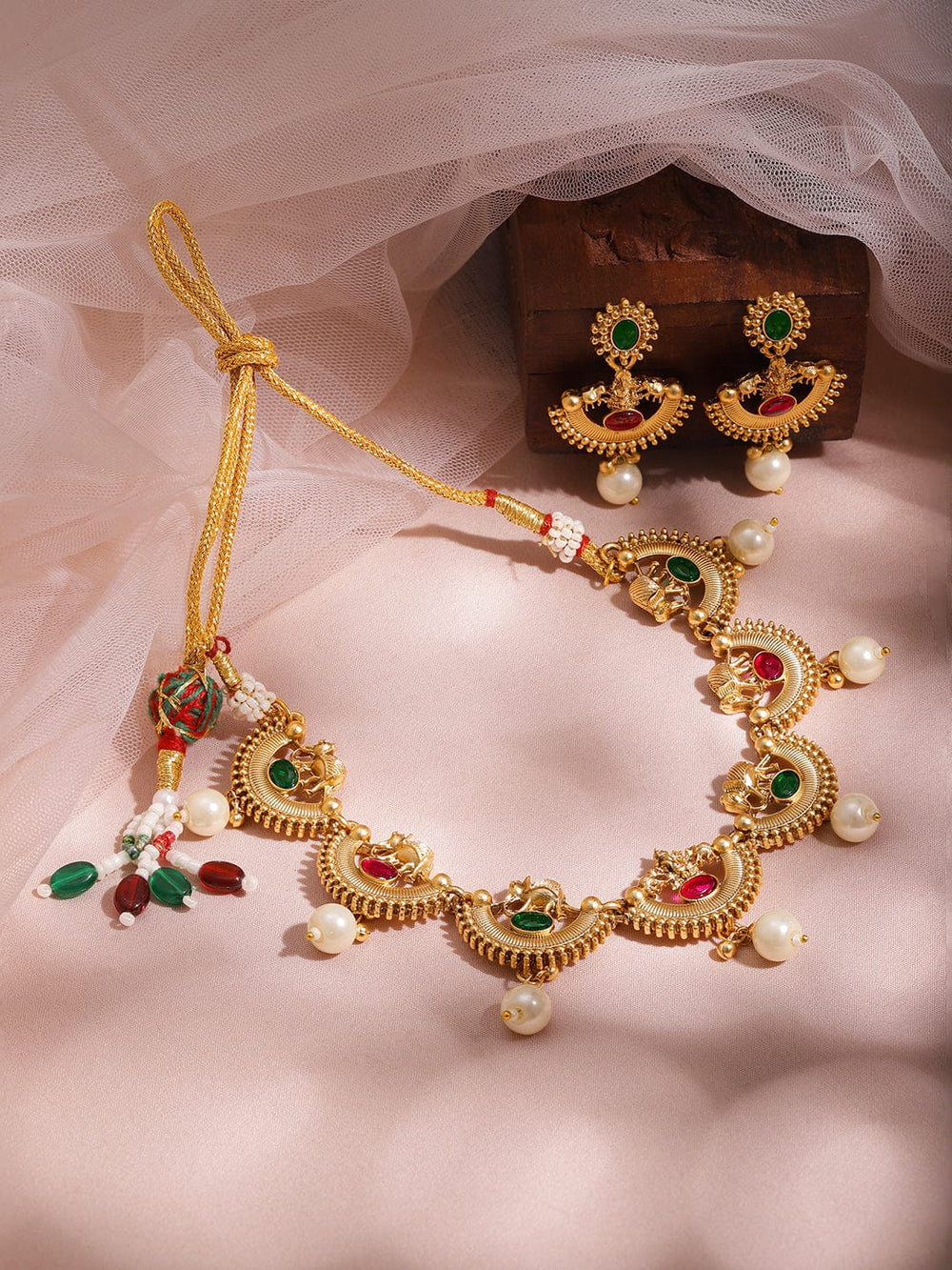 22KT Gold Plated Brass Red And Green Stone Studded Pearls Hanging Jewellery Set Jewellery Set