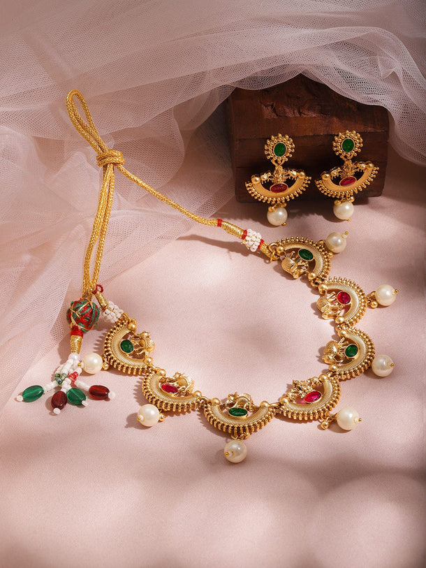 22KT Gold Plated Brass Red And Green Stone Studded Pearls Hanging Jewellery Set Jewellery Set