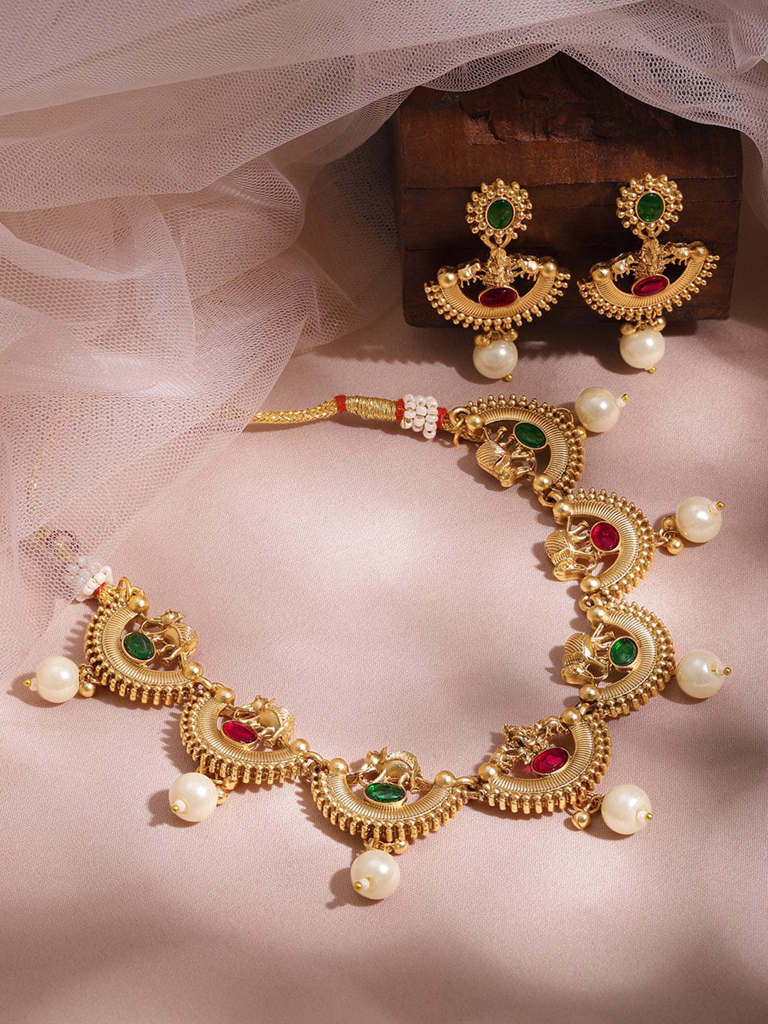 22KT Gold Plated Brass Red And Green Stone Studded Pearls Hanging Jewellery Set Jewellery Set