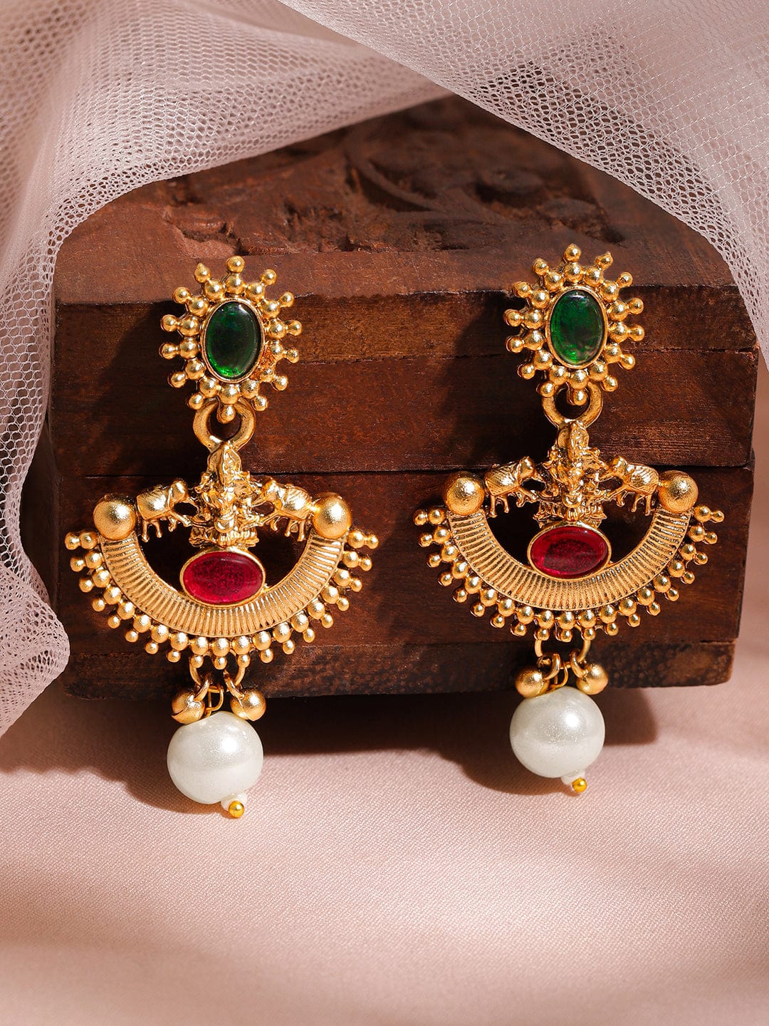 22KT Gold Plated Brass Red And Green Stone Studded Pearls Hanging Jewellery Set Jewellery Set