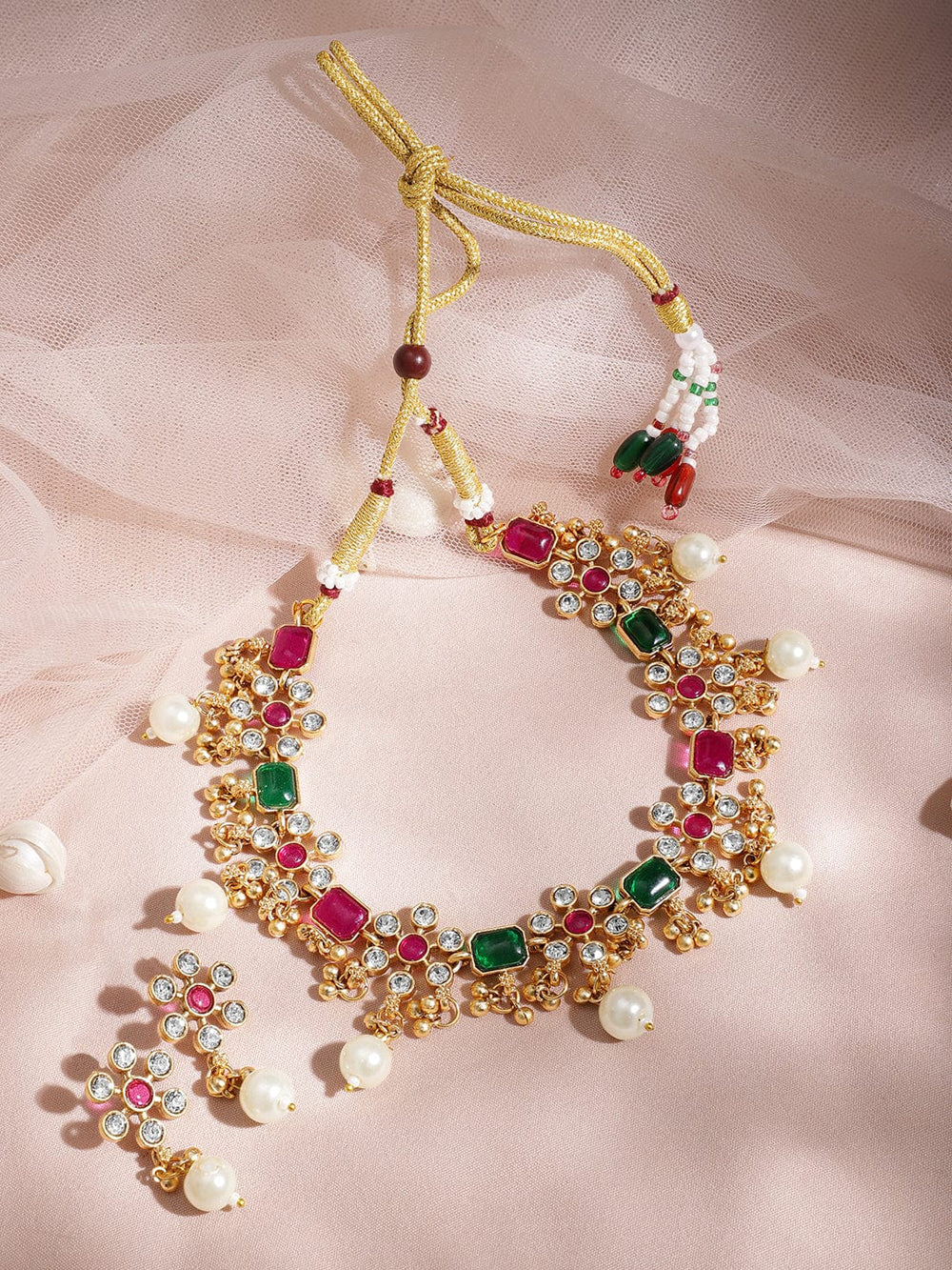 22KT Gold Plated Brass Red And Green Stone Studded Pearls Hanging Jewellery Set Necklace Set