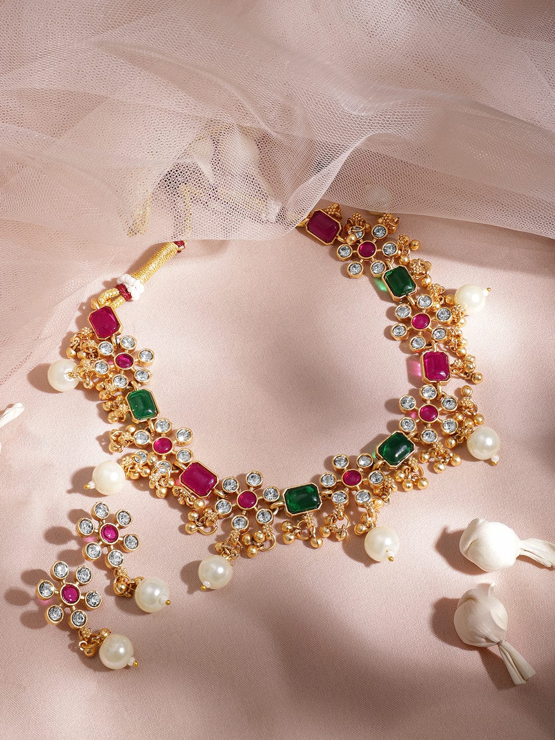 22KT Gold Plated Brass Red And Green Stone Studded Pearls Hanging Jewellery Set Necklace Set