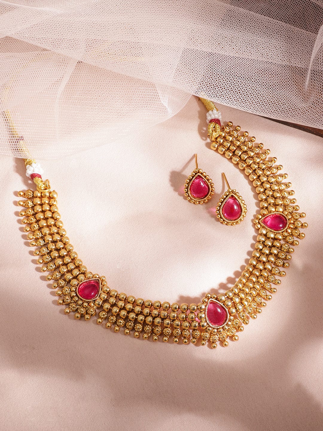 22KT Gold Plated Brass Red Stone Studded Necklace Set Necklace Set