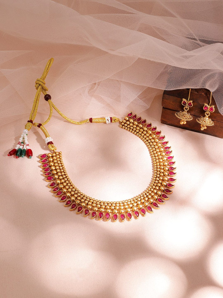 22KT Gold Plated Brass Red Stone Studded Necklace Set Necklace Set