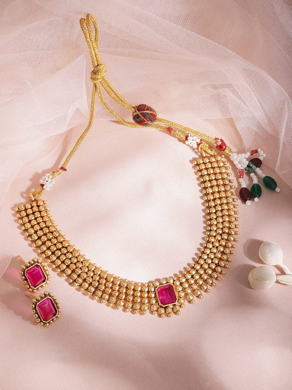 22KT Gold Plated Brass Ruby Stone Studded Intricate Necklace With Earrings Set Jewellery Set