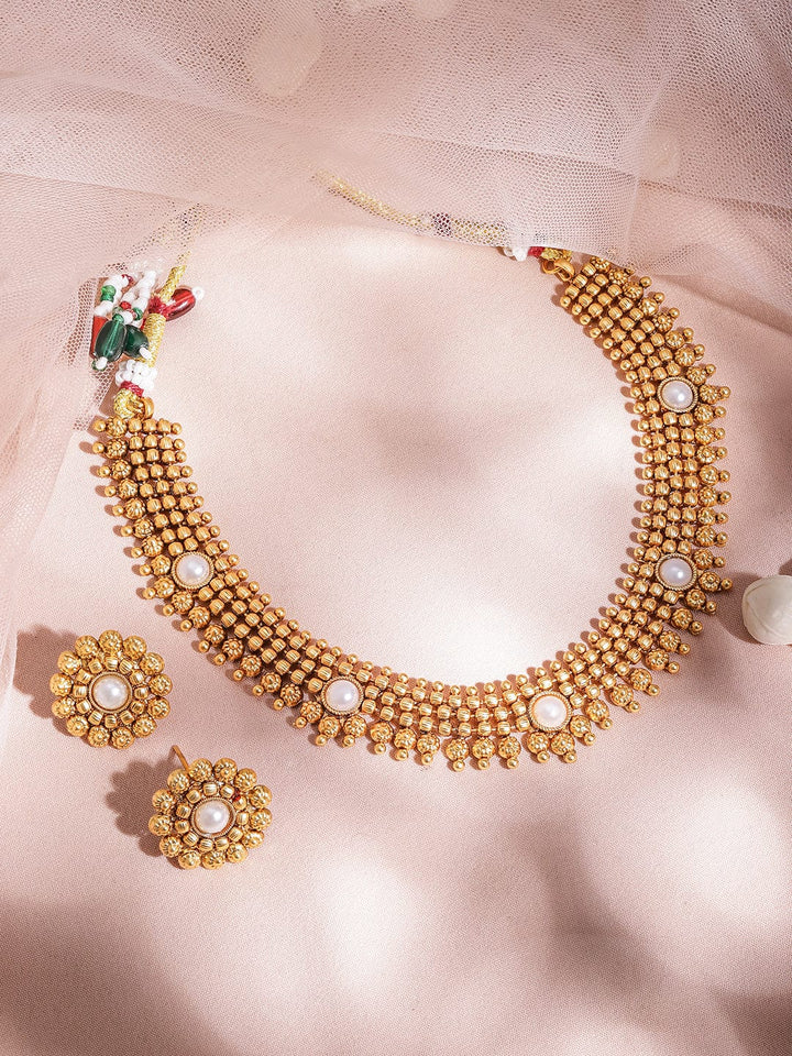 22KT Gold Plated Brass White Stone Studded Necklace Set Necklace Set