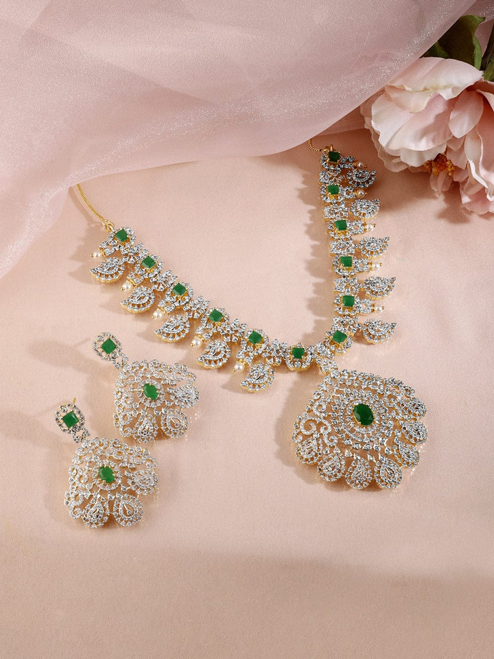 22KT  Gold Plated Luxury  AAA Cubic Zircona And Emerald Studded  Necklace Set Necklaces, Necklace Sets, Chains & Mangalsutra