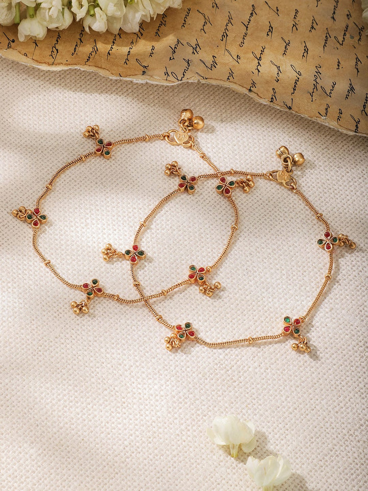 22KT Gold Plated Red And Green Stone Studded Floral Anklet Anklet