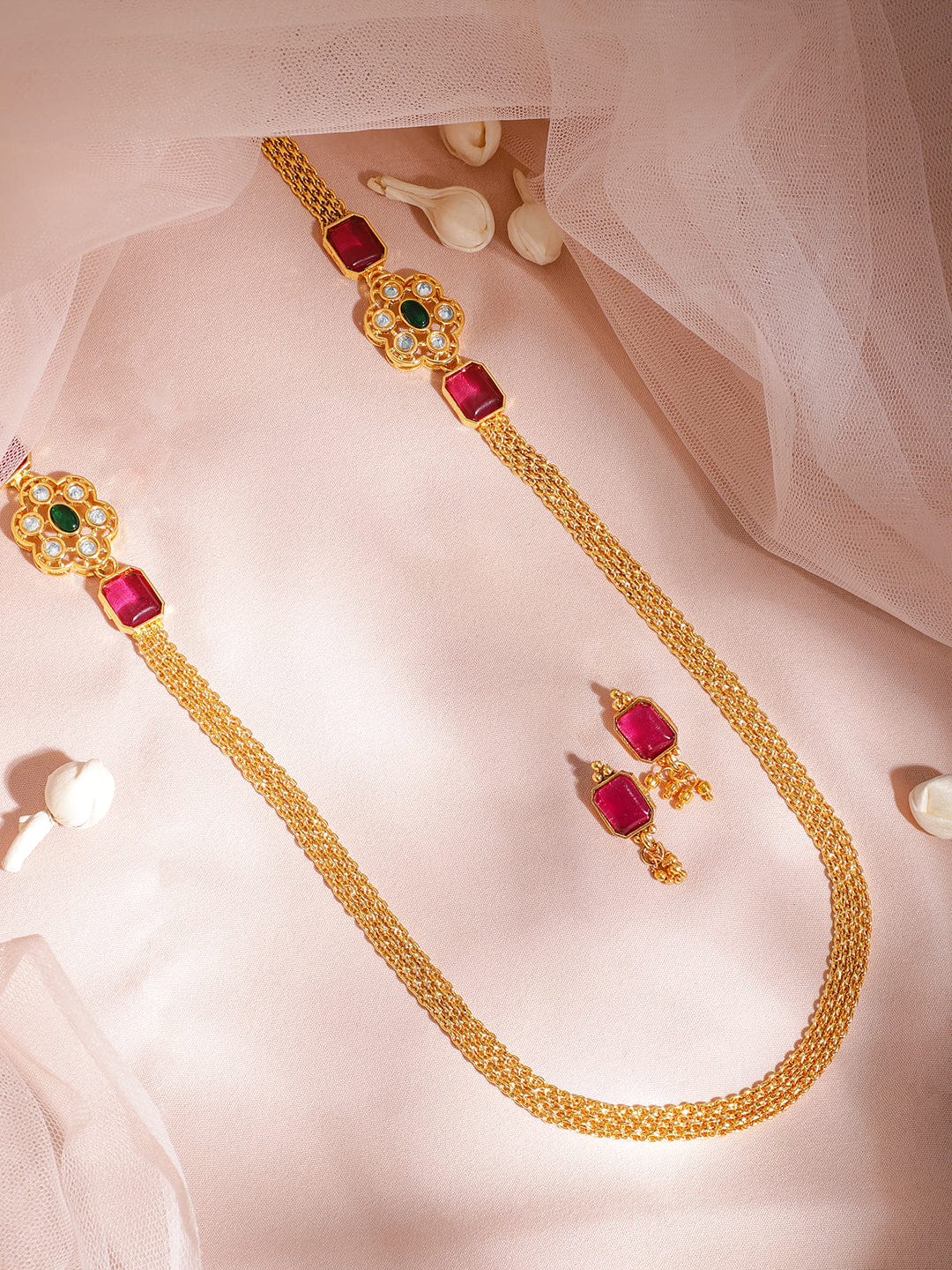 22KT Gold Plated Ruby Stone Studded  Beaded Necklace And Earrings Necklace Set