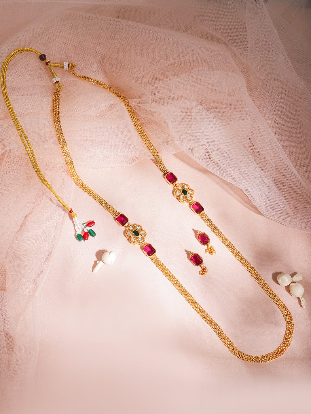 22KT Gold Plated Ruby Stone Studded  Beaded Necklace And Earrings Necklace Set