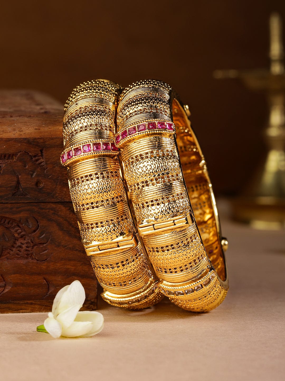 22KT Gold Plated Ruby Stone Studded Temple Set Of 2 Bangles Bangles & Bracelets