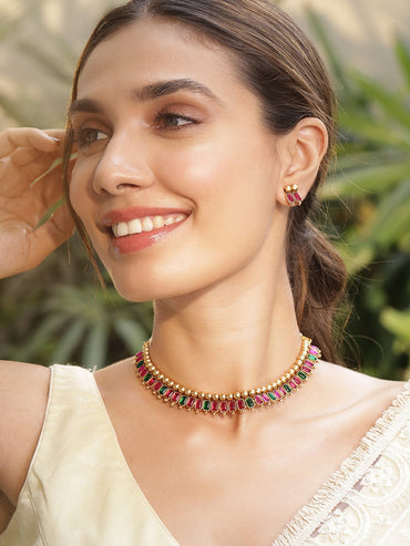 22KT Gold-Plated Stone-Studded Necklace Set Necklace Sets