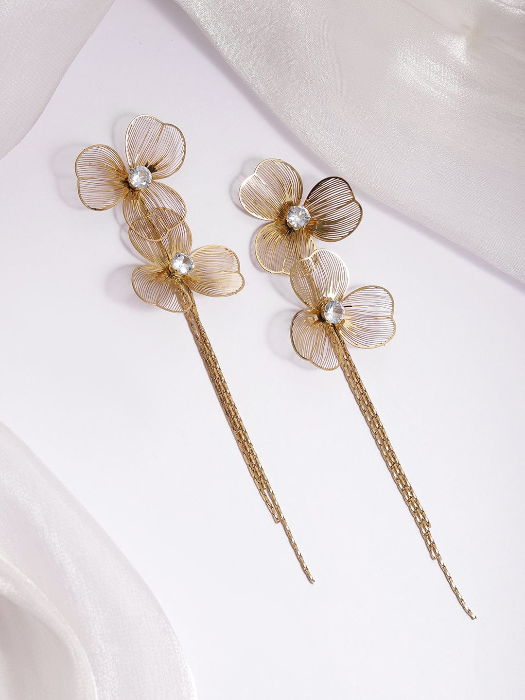 22KT Gold-Plated Stones Studded Floral Drop Earrings Earrings