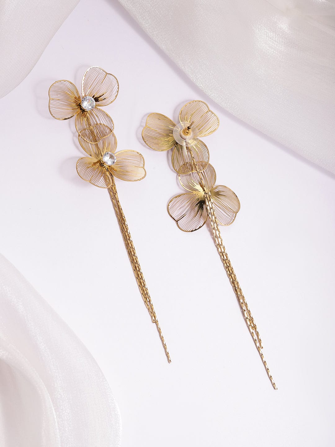 22KT Gold-Plated Stones Studded Floral Drop Earrings Earrings