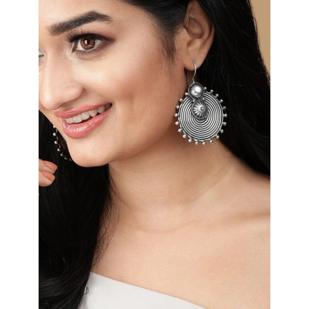 Rubans Oxidised Silver Toned Circular Drop Earrings