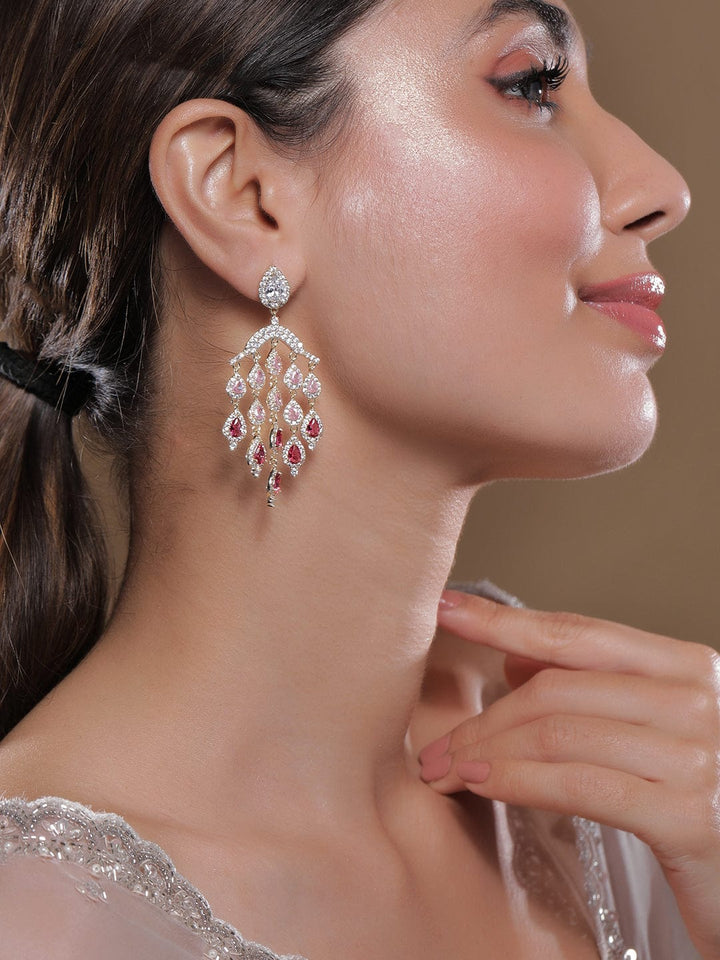 24K Gold Plated Ruby Light Pink & Dark Pink AD CZ Studded Premium Chandelier Earring Chandbalis