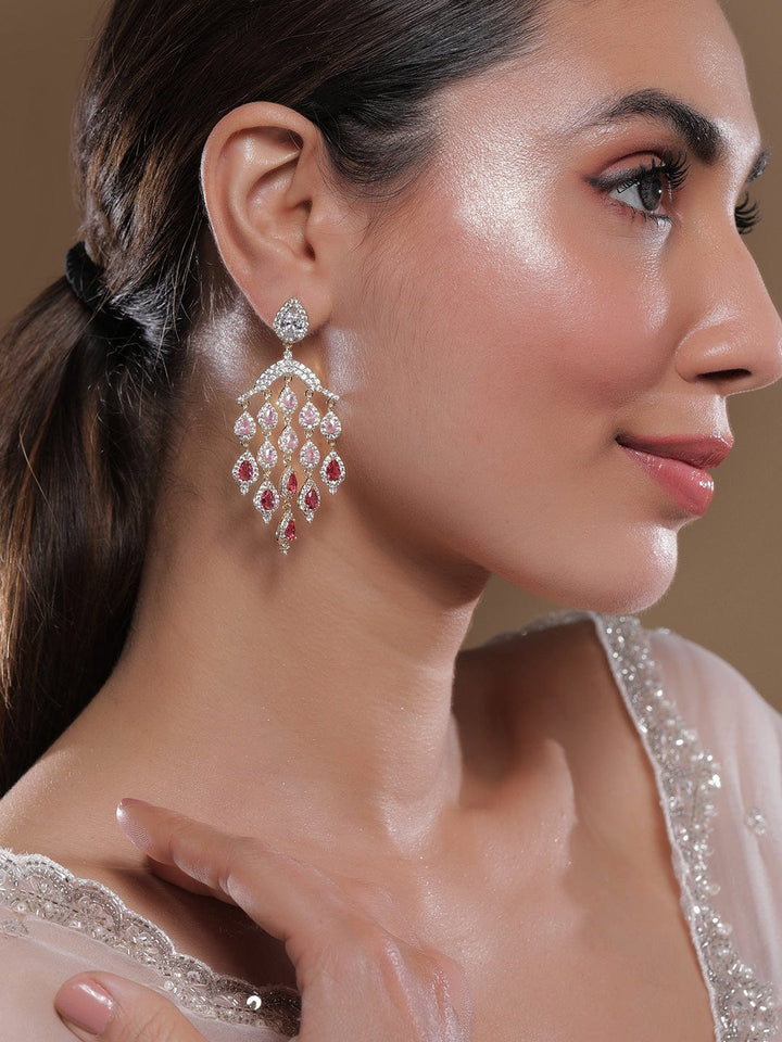 24K Gold Plated Ruby Light Pink & Dark Pink AD CZ Studded Premium Chandelier Earring Chandbalis