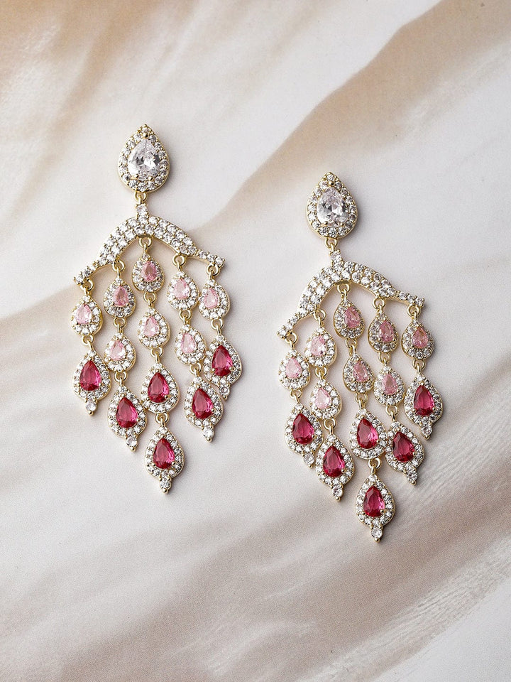 24K Gold Plated Ruby Light Pink & Dark Pink AD CZ Studded Premium Chandelier Earring Chandbalis