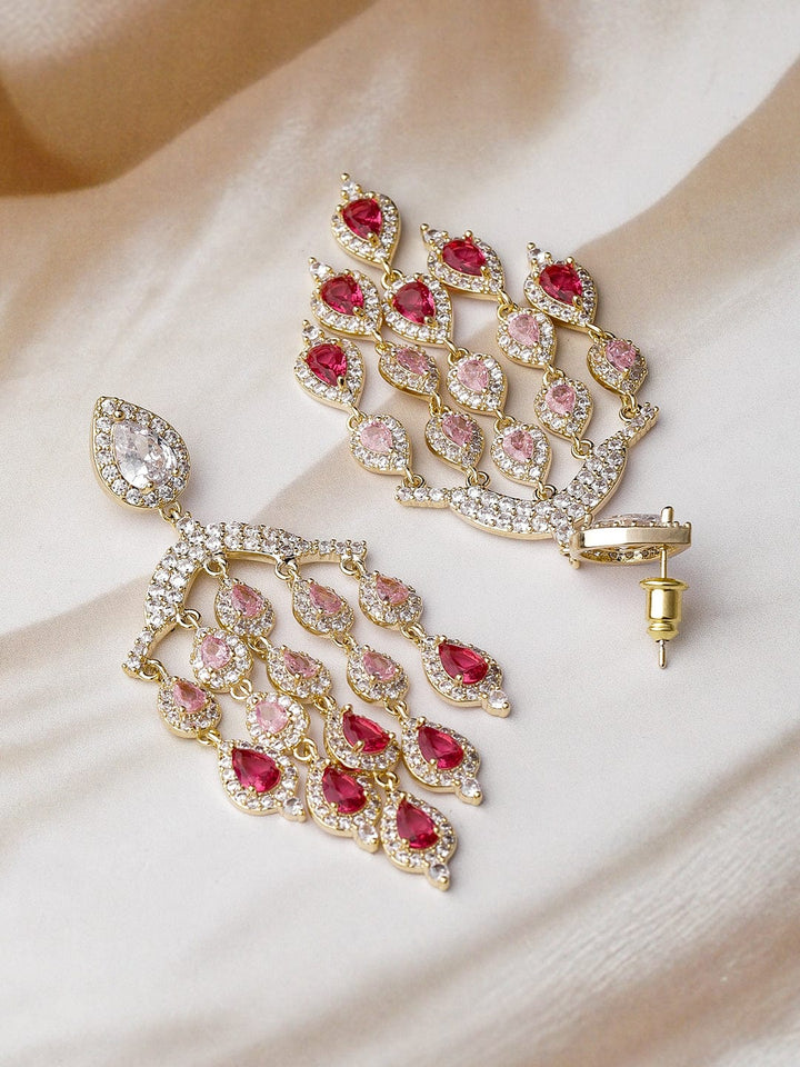 24K Gold Plated Ruby Light Pink & Dark Pink AD CZ Studded Premium Chandelier Earring Chandbalis