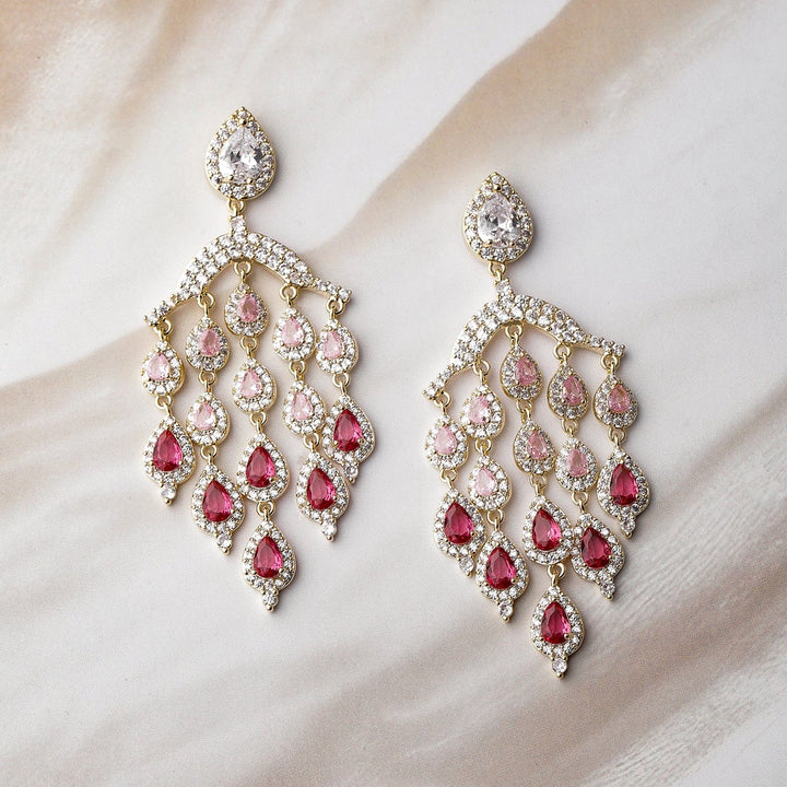 24K Gold Plated Ruby Light Pink & Dark Pink AD CZ Studded Premium Chandelier Earring Chandbalis