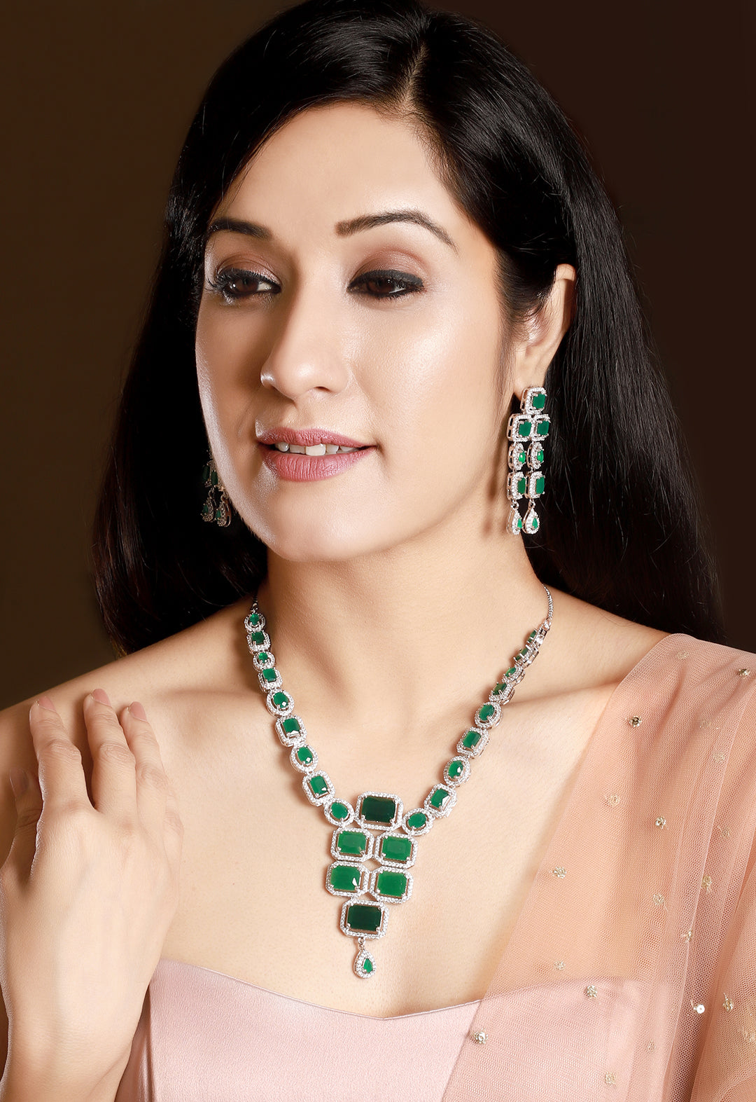 Rubans Luxury Silver-Plated Green Stone Studded Emerald Handcrafted Statement Necklace Set