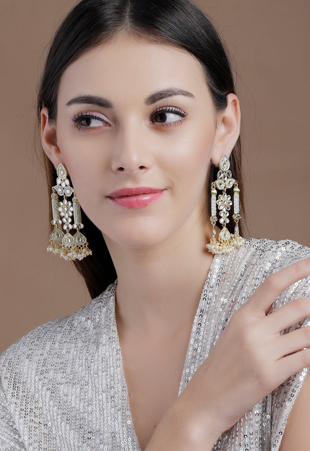 Rubans Gold Plated Handcrafted Grey Enamel with Kundan & Pearls Drop Earrings