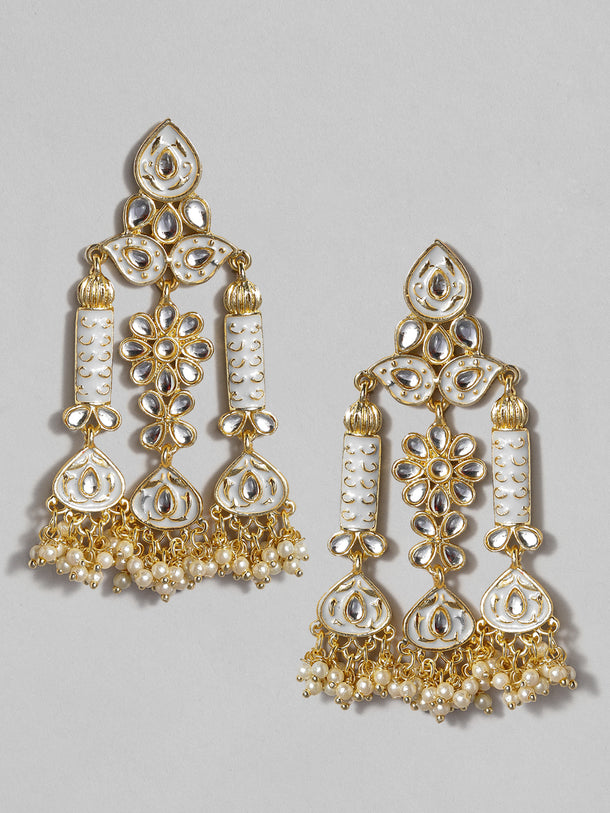Rubans Gold Plated Handcrafted Grey Enamel with Kundan & Pearls Drop Earrings