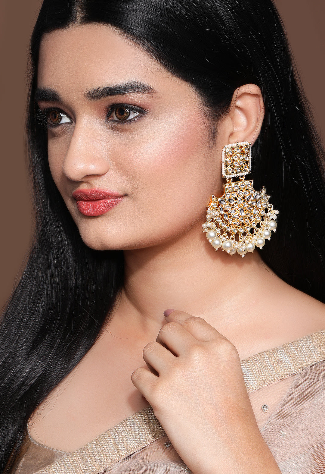 Rubans 18K Gold-Plated Handcrafted Kundan-Studded Long Chandbalis with Off-White Pearl-Beaded
