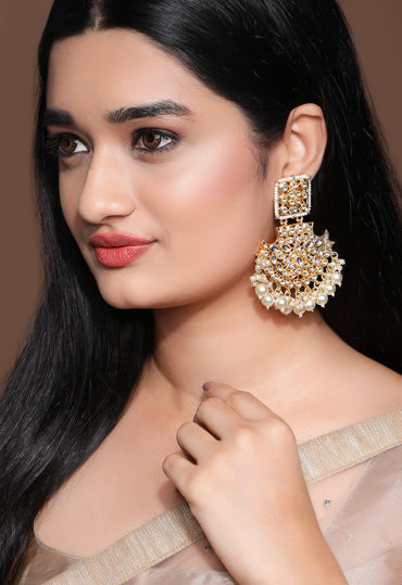 Rubans 18K Gold-Plated Handcrafted Kundan-Studded Long Chandbalis with Off-White Pearl-Beaded
