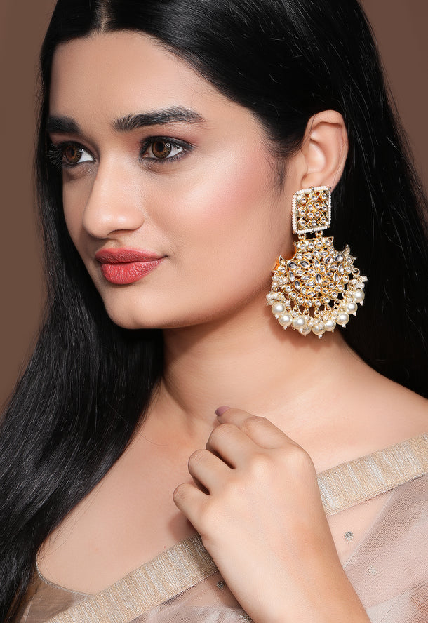 Rubans 18K Gold-Plated Handcrafted Kundan-Studded Long Chandbalis with Off-White Pearl-Beaded