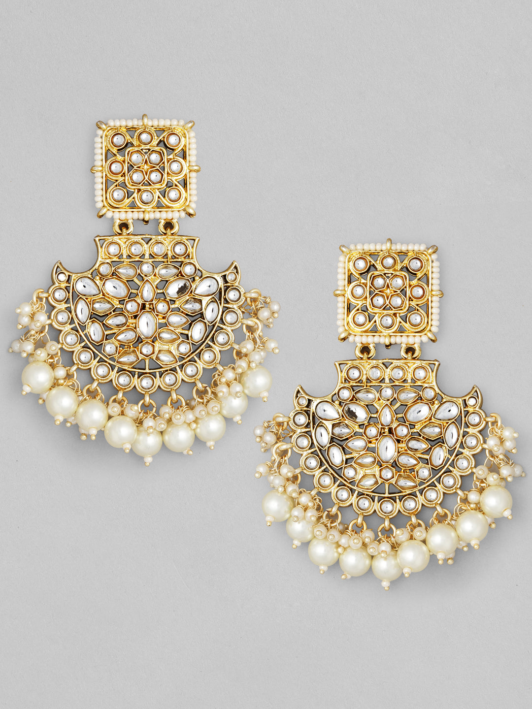 Rubans 18K Gold-Plated Handcrafted Kundan-Studded Long Chandbalis with Off-White Pearl-Beaded