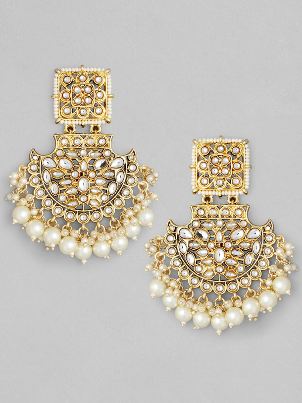 Rubans 18K Gold-Plated Handcrafted Kundan-Studded Long Chandbalis with Off-White Pearl-Beaded