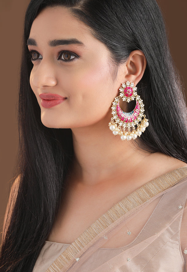 Rubans Gold Plated Handcrafted Pink Enamel Pearl Chandbali Earrings