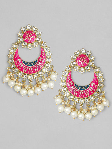 Rubans Gold Plated Handcrafted Pink Enamel Pearl Chandbali Earrings