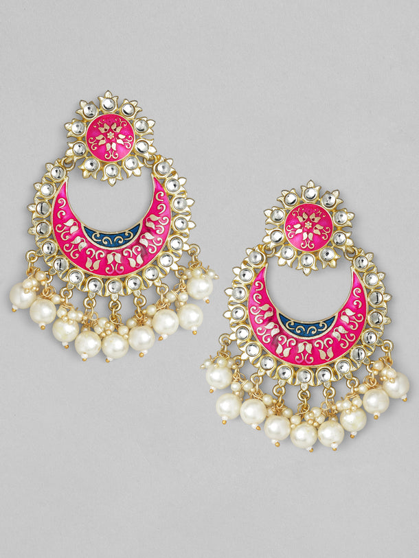 Rubans Gold Plated Handcrafted Pink Enamel Pearl Chandbali Earrings
