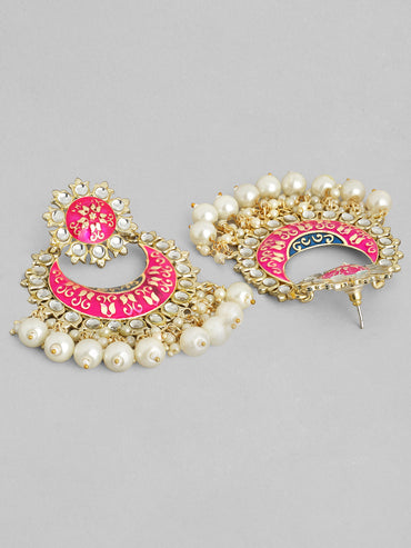 Rubans Gold Plated Handcrafted Pink Enamel Pearl Chandbali Earrings