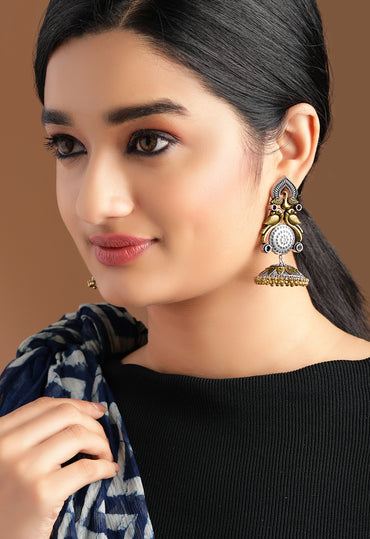 Rubans Silver Plated Handcrafted Oxidised Dual Tone Peacock Shape Jhumka Earrings
