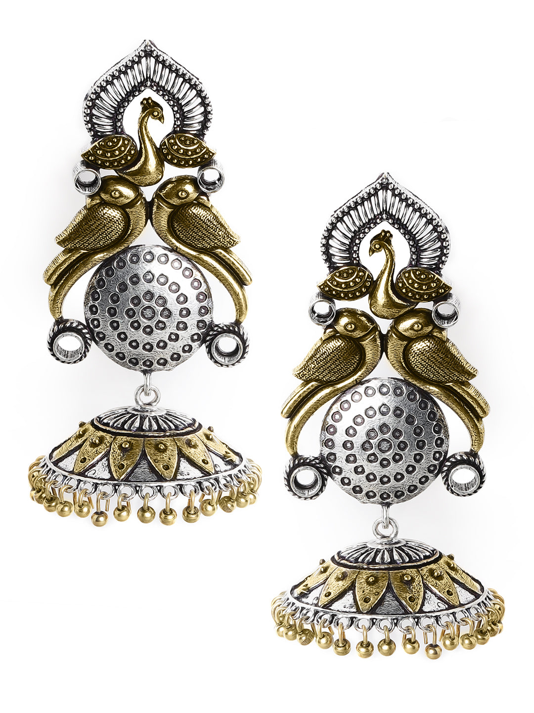 Rubans Silver Plated Handcrafted Oxidised Dual Tone Peacock Shape Jhumka Earrings