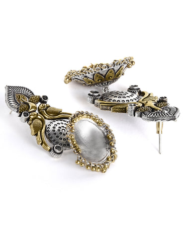 Rubans Silver Plated Handcrafted Oxidised Dual Tone Peacock Shape Jhumka Earrings